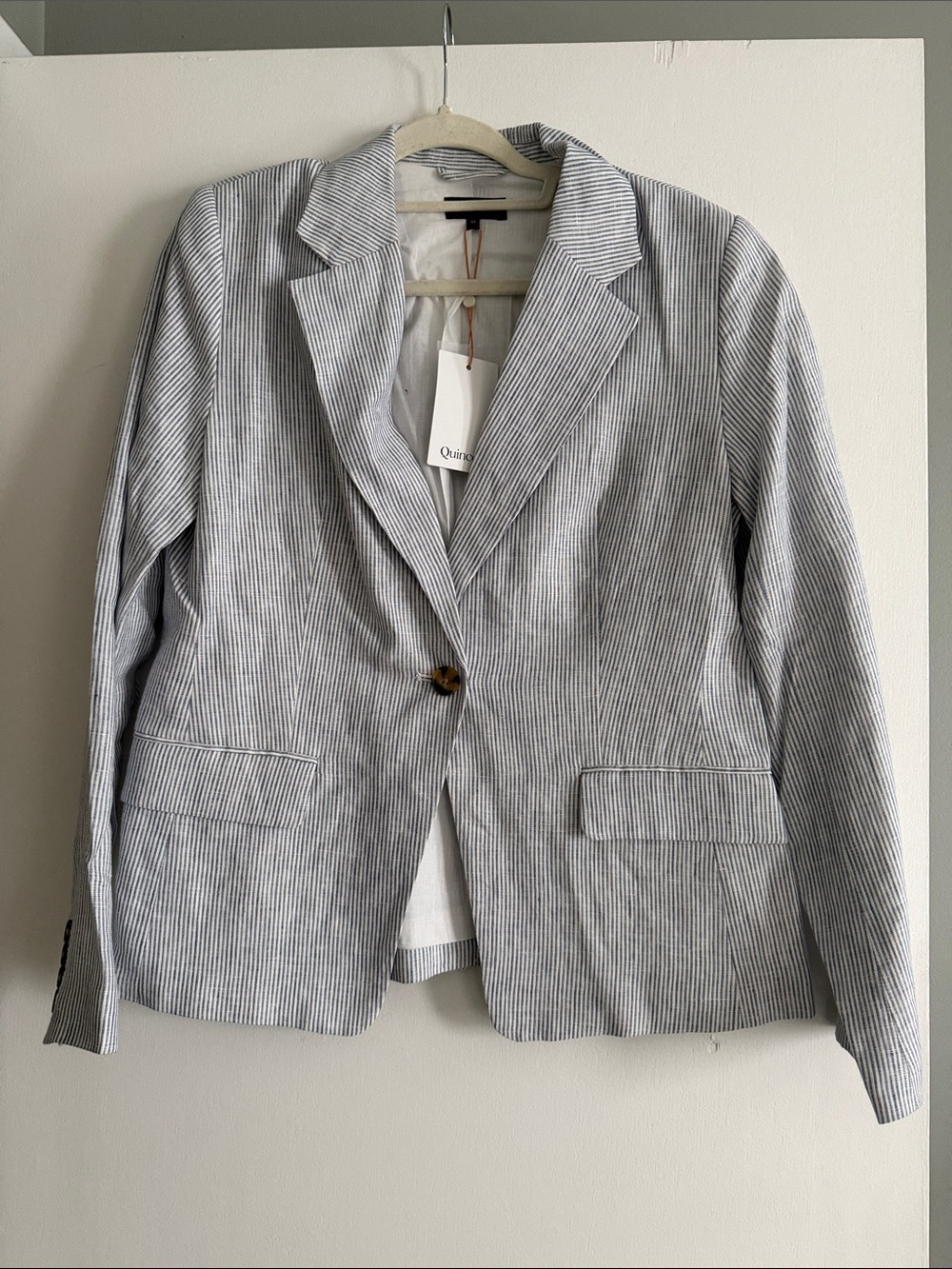 Quince Women's Pinstripe Blazer in Light Gray and White